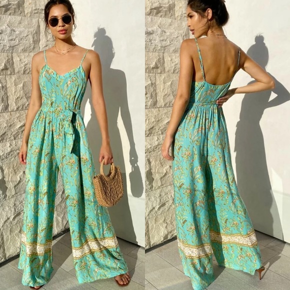 Pants - Boho gypsy floral print cami strap jumpsuit mint